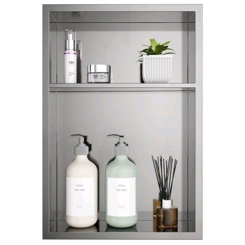 2 Tier 12x18" Stainless Steel Brushed Nickel No Tile Recessed Shower Niche